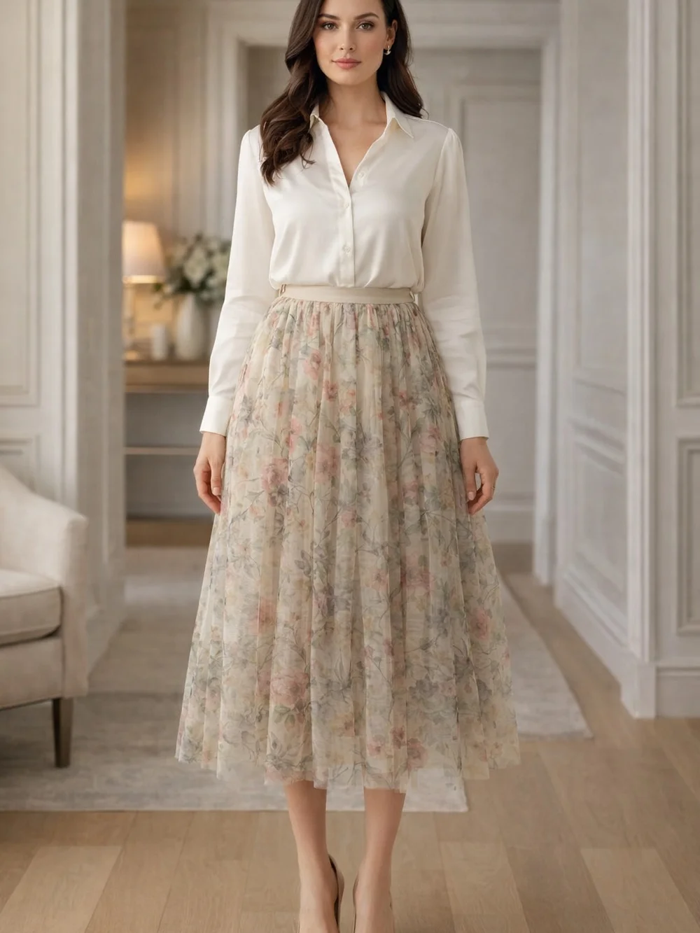 Floral Tulle Midi Skirt in Soft Beige - Picture 1 of 14
